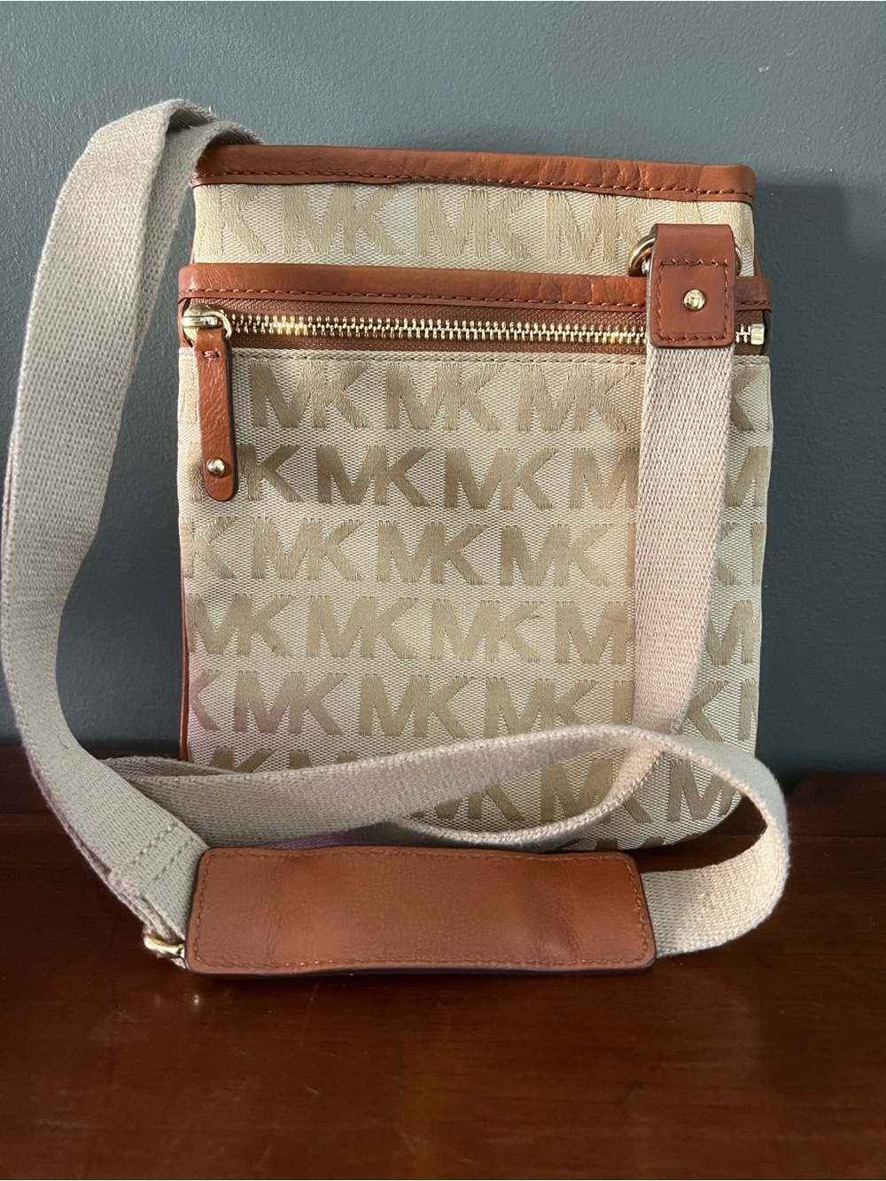 Michael Kors Monogrammed Crossbody Tan, Brown and Gold